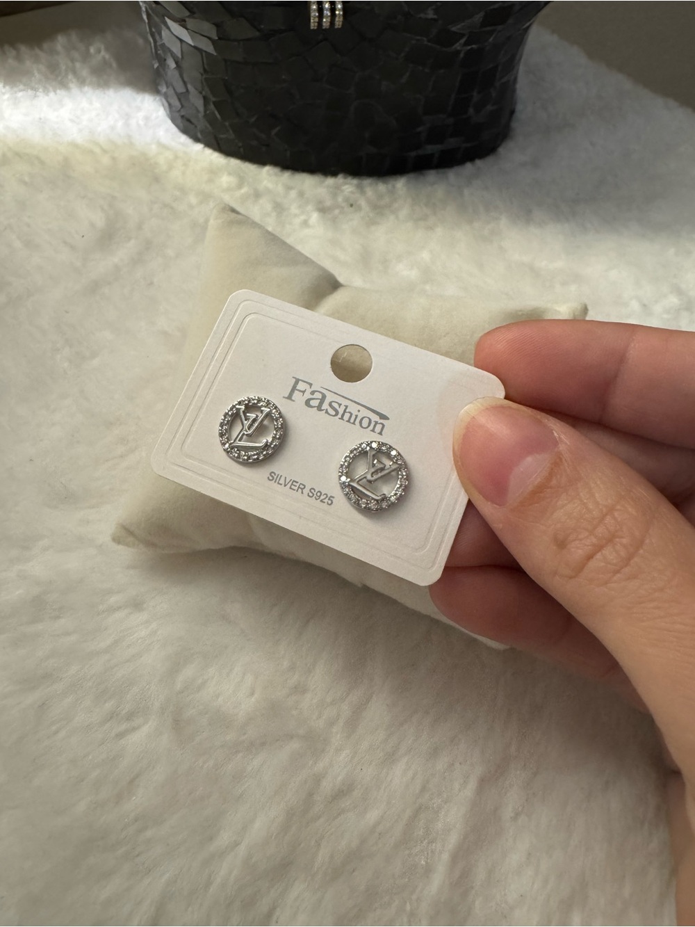 Silver Round Crystal Logo Stud Earrings - Silver